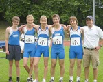 Die Westdeutschen Schüler-Meister zusammen mit Trainer Sebastian Kraus: (v.l.) Aaron Pauli, Maurice Huke, Jannis Klatt, Luca Baldino und Florian Lorenz.