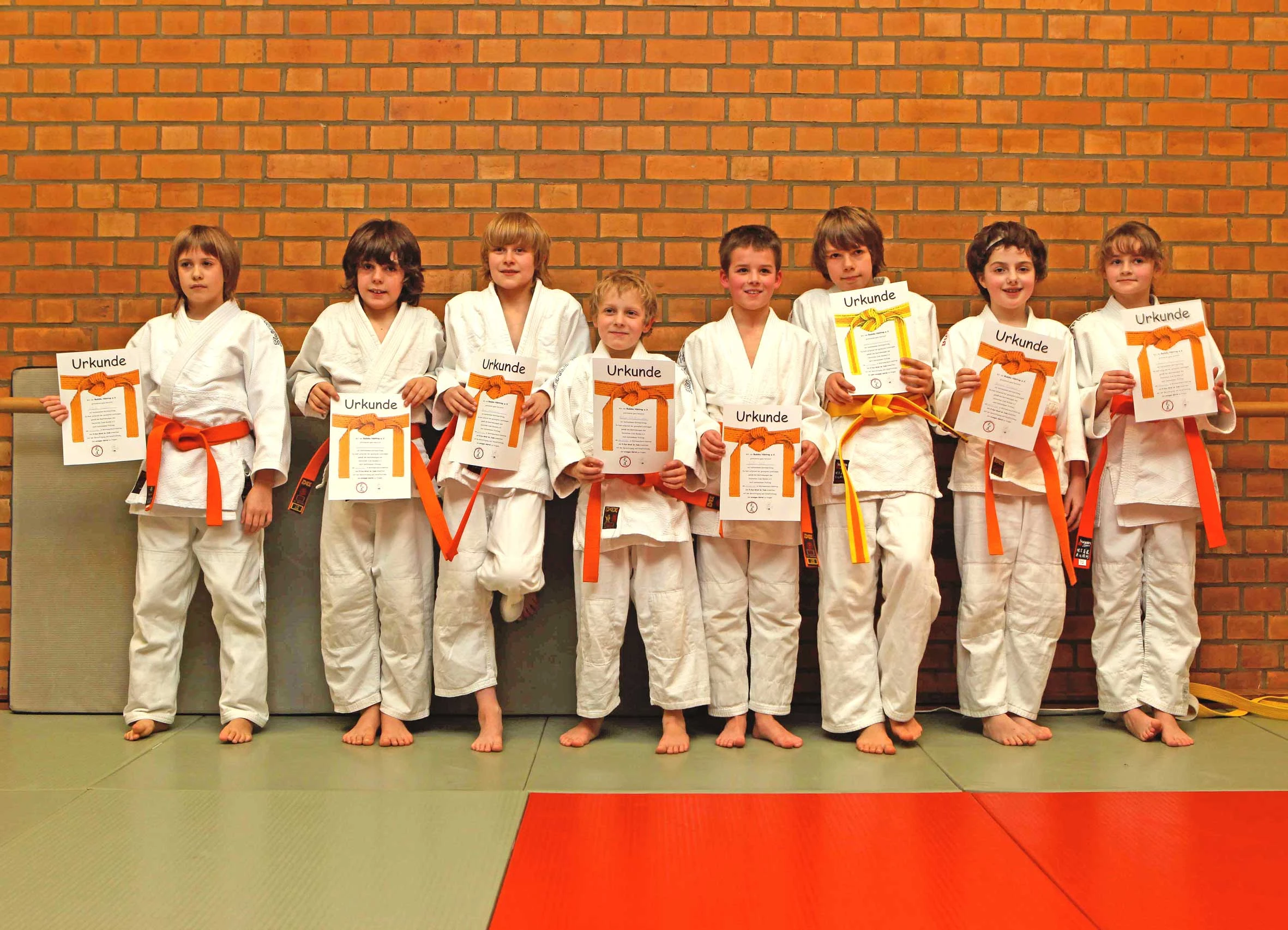Nicole Hutka, Jan Schmidt, Paul Michalak, Victor Wollenweber, Justin Steil, Luca Kühn, Hannah Dißelbeck, Julia Prymiak (v.l.) schafften die Orange-Gurtprüfungen.