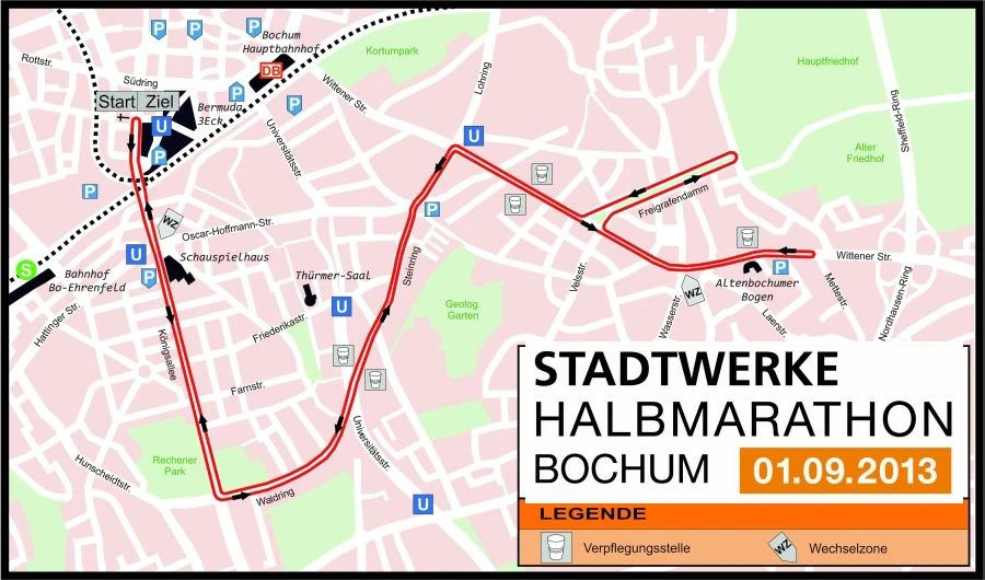 Karte mit dem Verlauf der Strecke des Halbmarathons